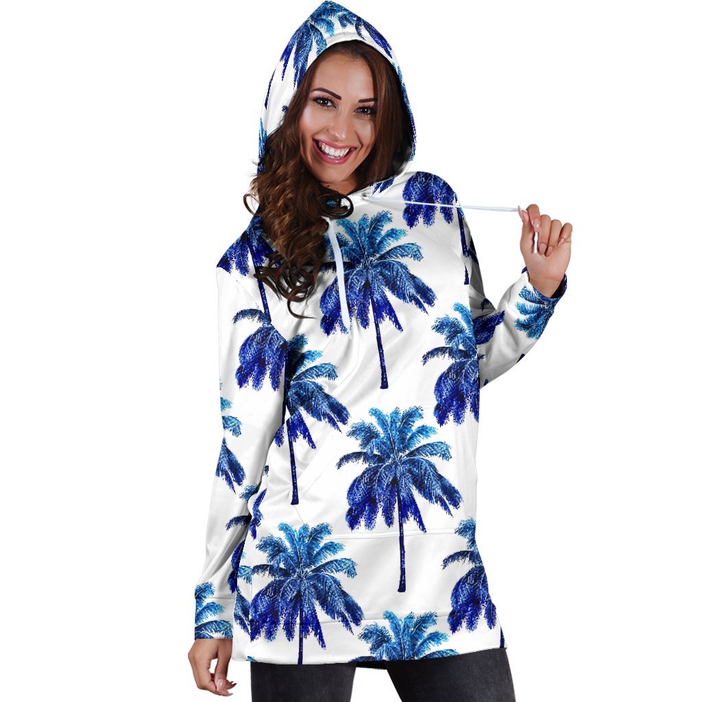 Blue Palm Tree Pattern Print Hoodie Dress GearFrost