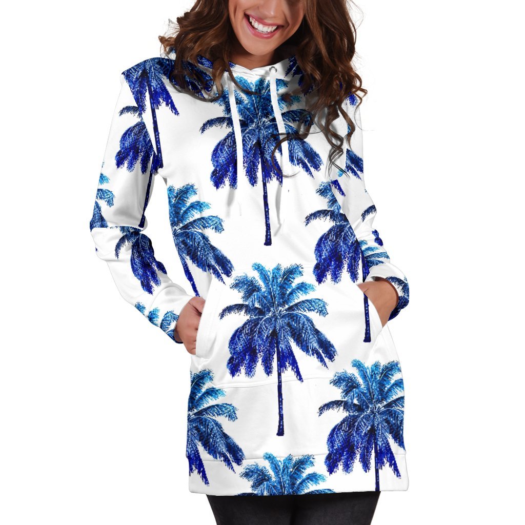 Blue Palm Tree Pattern Print Hoodie Dress GearFrost