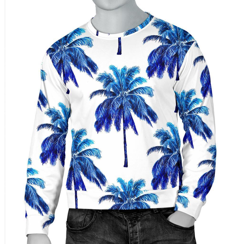 Blue Palm Tree Pattern Print Men's Crewneck Sweatshirt GearFrost