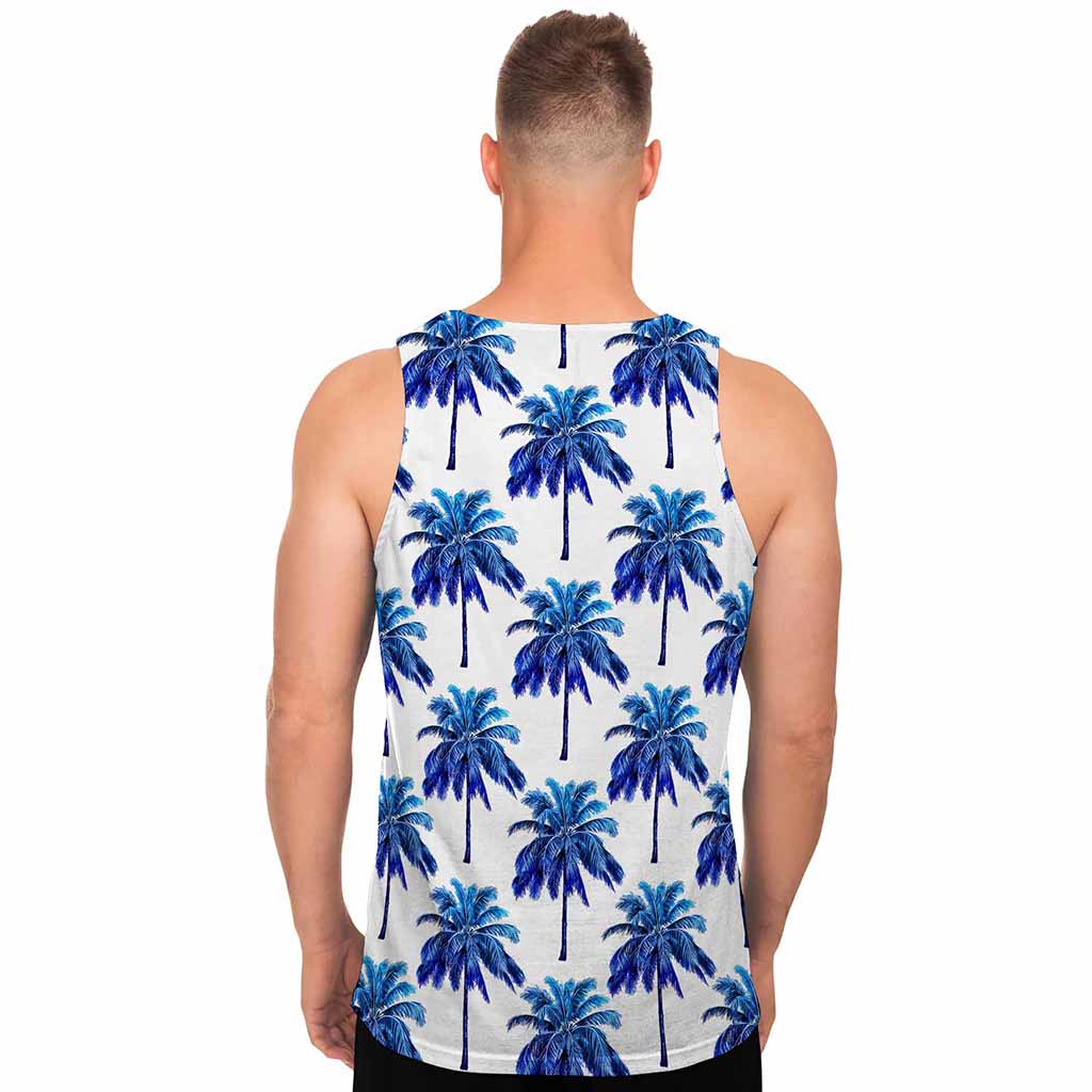 Blue Palm Tree Pattern Print Men's Tank Top