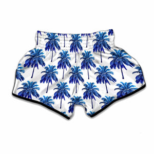 Blue Palm Tree Pattern Print Muay Thai Boxing Shorts