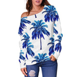 Blue Palm Tree Pattern Print Off Shoulder Sweatshirt GearFrost