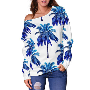 Blue Palm Tree Pattern Print Off Shoulder Sweatshirt GearFrost