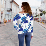 Blue Palm Tree Pattern Print Off Shoulder Sweatshirt GearFrost