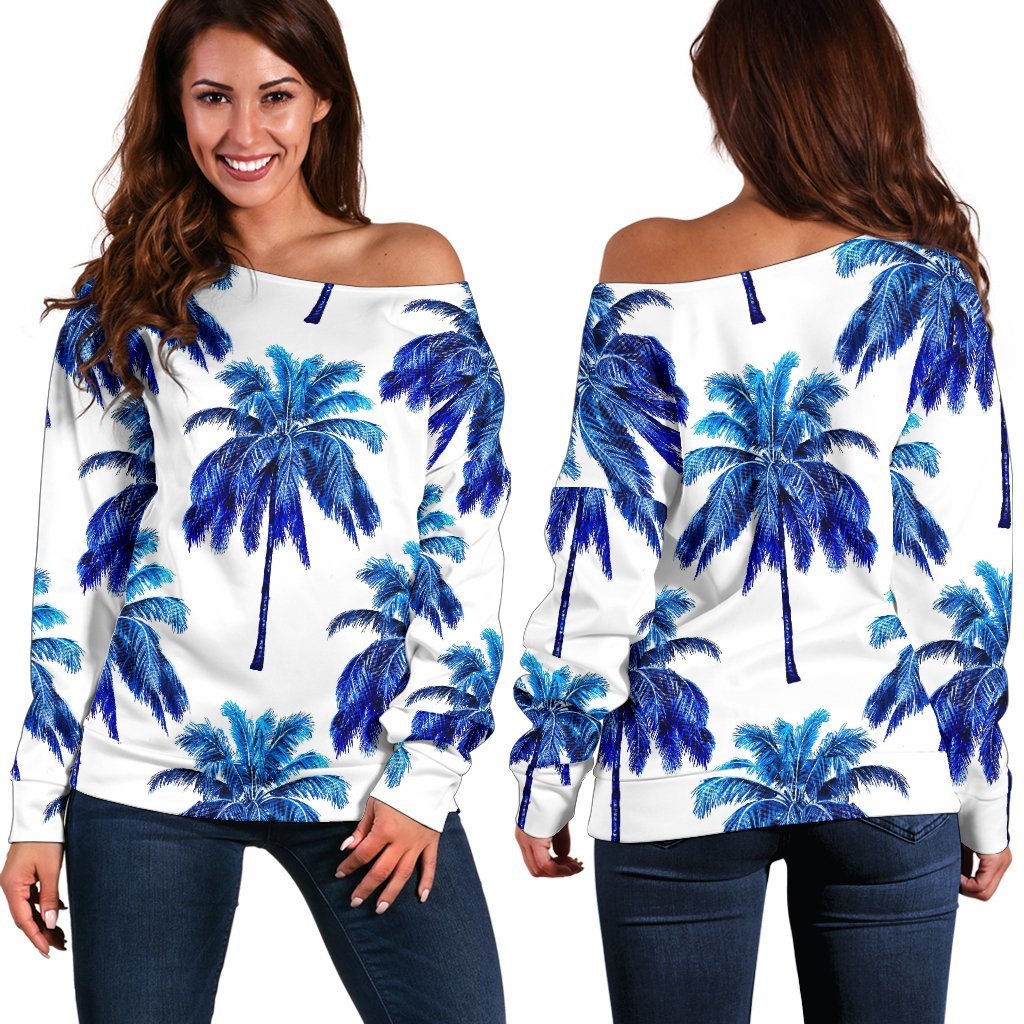 Blue Palm Tree Pattern Print Off Shoulder Sweatshirt GearFrost