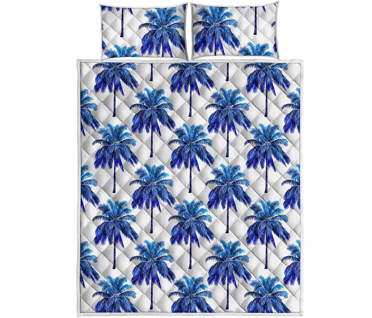 Blue Palm Tree Pattern Print Quilt Bed Set