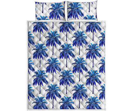 Blue Palm Tree Pattern Print Quilt Bed Set