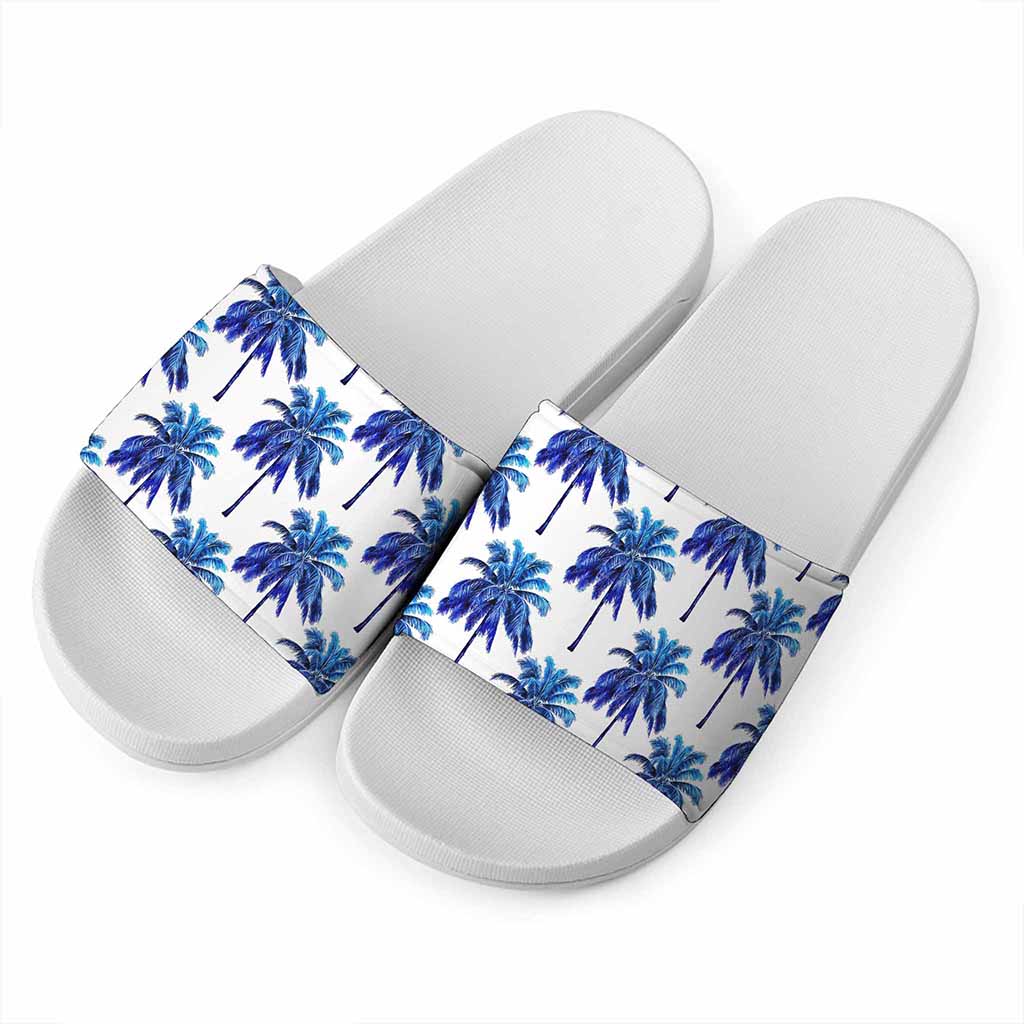 Blue Palm Tree Pattern Print White Slide Sandals