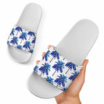 Blue Palm Tree Pattern Print White Slide Sandals