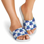 Blue Palm Tree Pattern Print White Slide Sandals