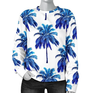 Blue Palm Tree Pattern Print Women's Crewneck Sweatshirt GearFrost