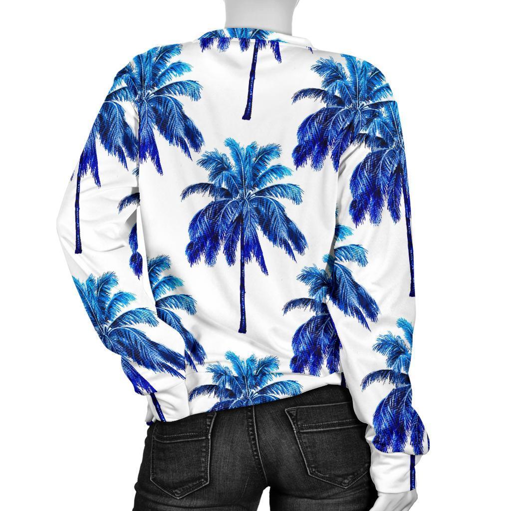 Blue Palm Tree Pattern Print Women's Crewneck Sweatshirt GearFrost
