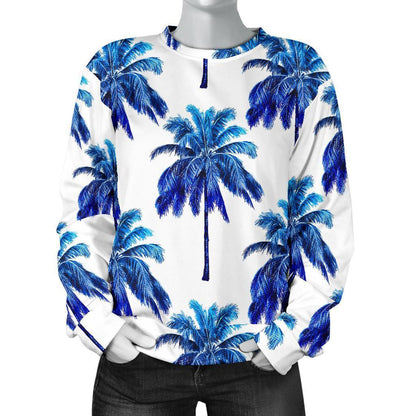 Blue Palm Tree Pattern Print Women's Crewneck Sweatshirt GearFrost