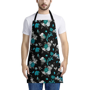 Blue Peony And Grey Rose Floral Print Apron