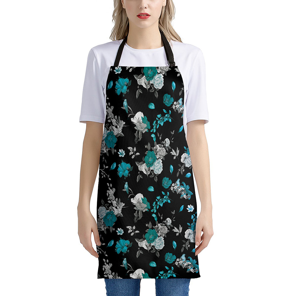 Blue Peony And Grey Rose Floral Print Apron