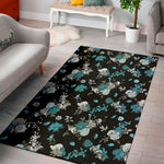 Blue Peony And Grey Rose Floral Print Area Rug