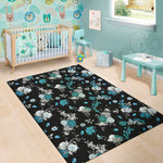 Blue Peony And Grey Rose Floral Print Area Rug
