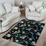 Blue Peony And Grey Rose Floral Print Area Rug
