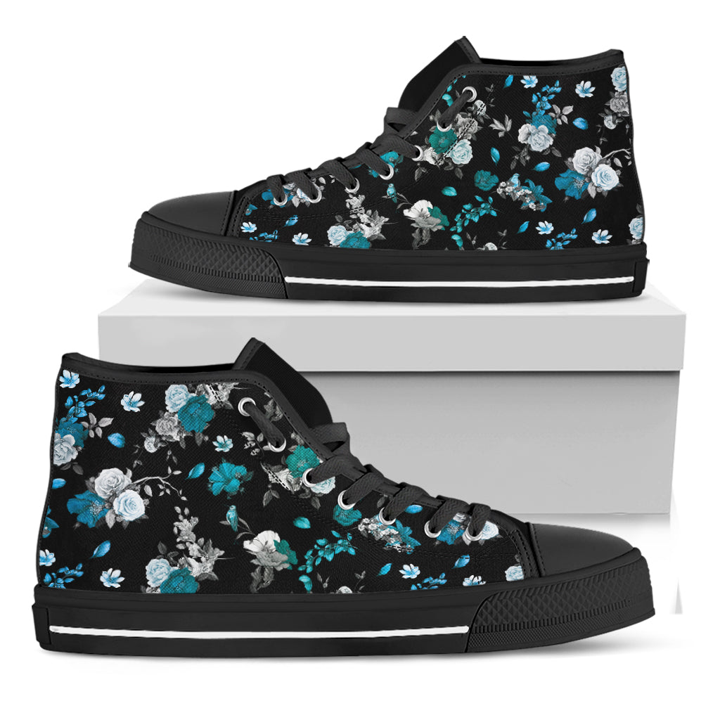 Blue Peony And Grey Rose Floral Print Black High Top Shoes