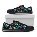 Blue Peony And Grey Rose Floral Print Black Low Top Sneakers