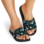 Blue Peony And Grey Rose Floral Print Black Slide Sandals