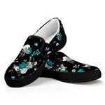 Blue Peony And Grey Rose Floral Print Black Slip On Shoes