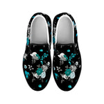 Blue Peony And Grey Rose Floral Print Black Slip On Shoes