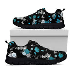 Blue Peony And Grey Rose Floral Print Black Sneakers