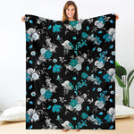 Blue Peony And Grey Rose Floral Print Blanket