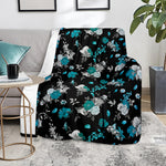 Blue Peony And Grey Rose Floral Print Blanket