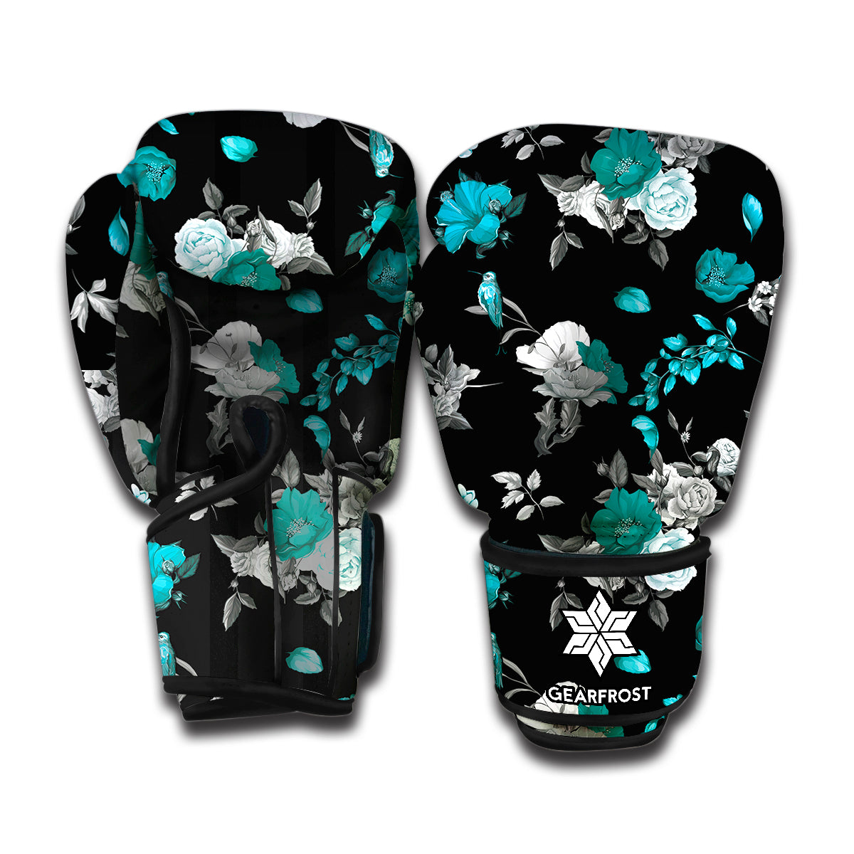 Blue Peony And Grey Rose Floral Print Boxing Gloves