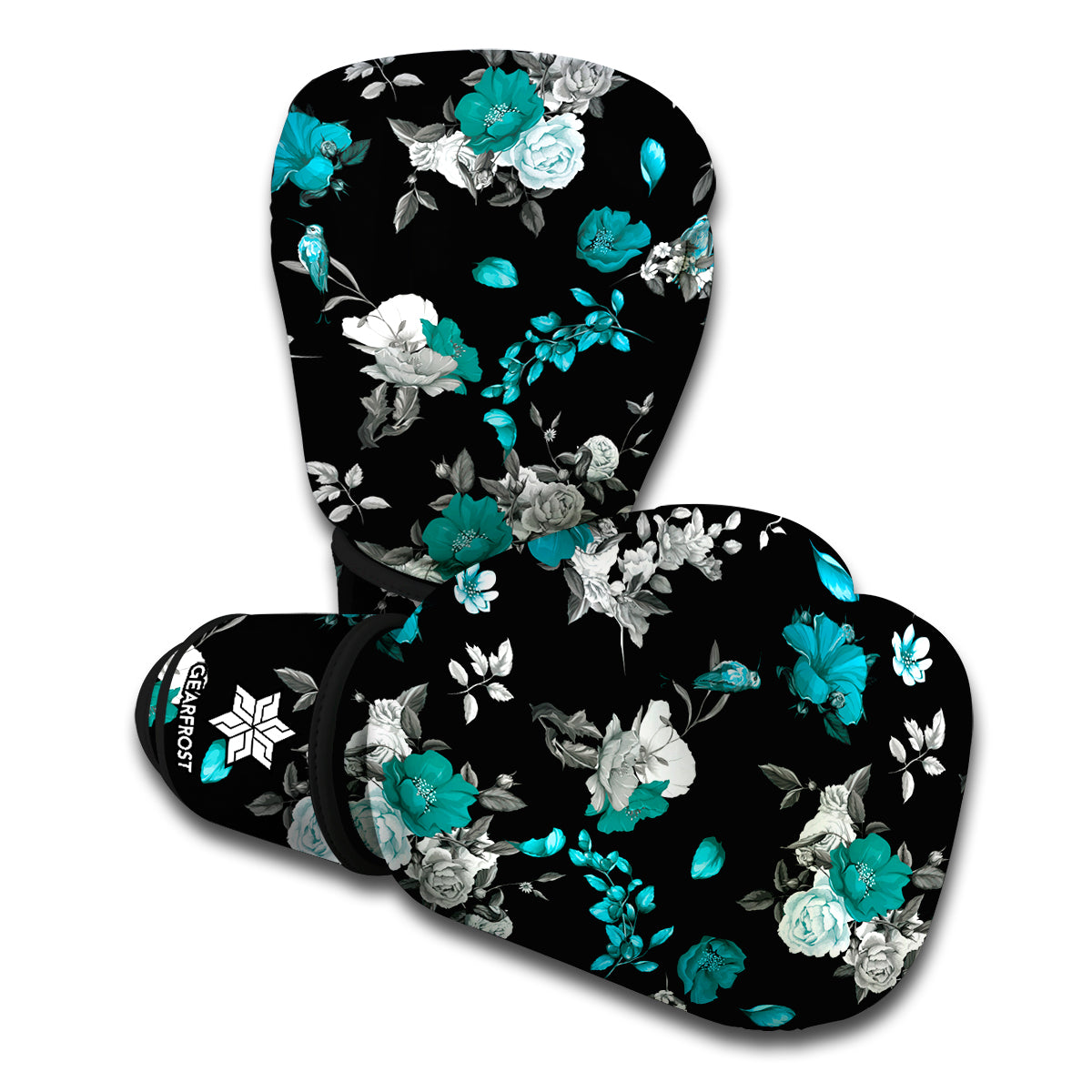 Blue Peony And Grey Rose Floral Print Boxing Gloves