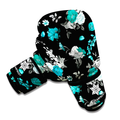 Blue Peony And Grey Rose Floral Print Boxing Gloves