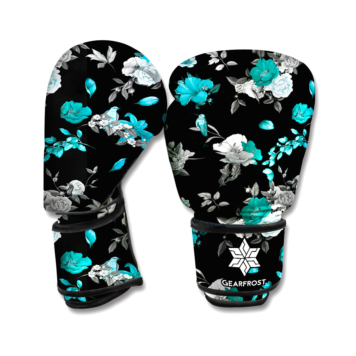 Blue Peony And Grey Rose Floral Print Boxing Gloves