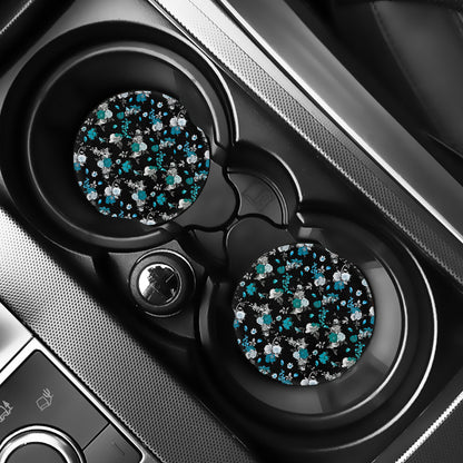 Blue Peony And Grey Rose Floral Print Car Coasters