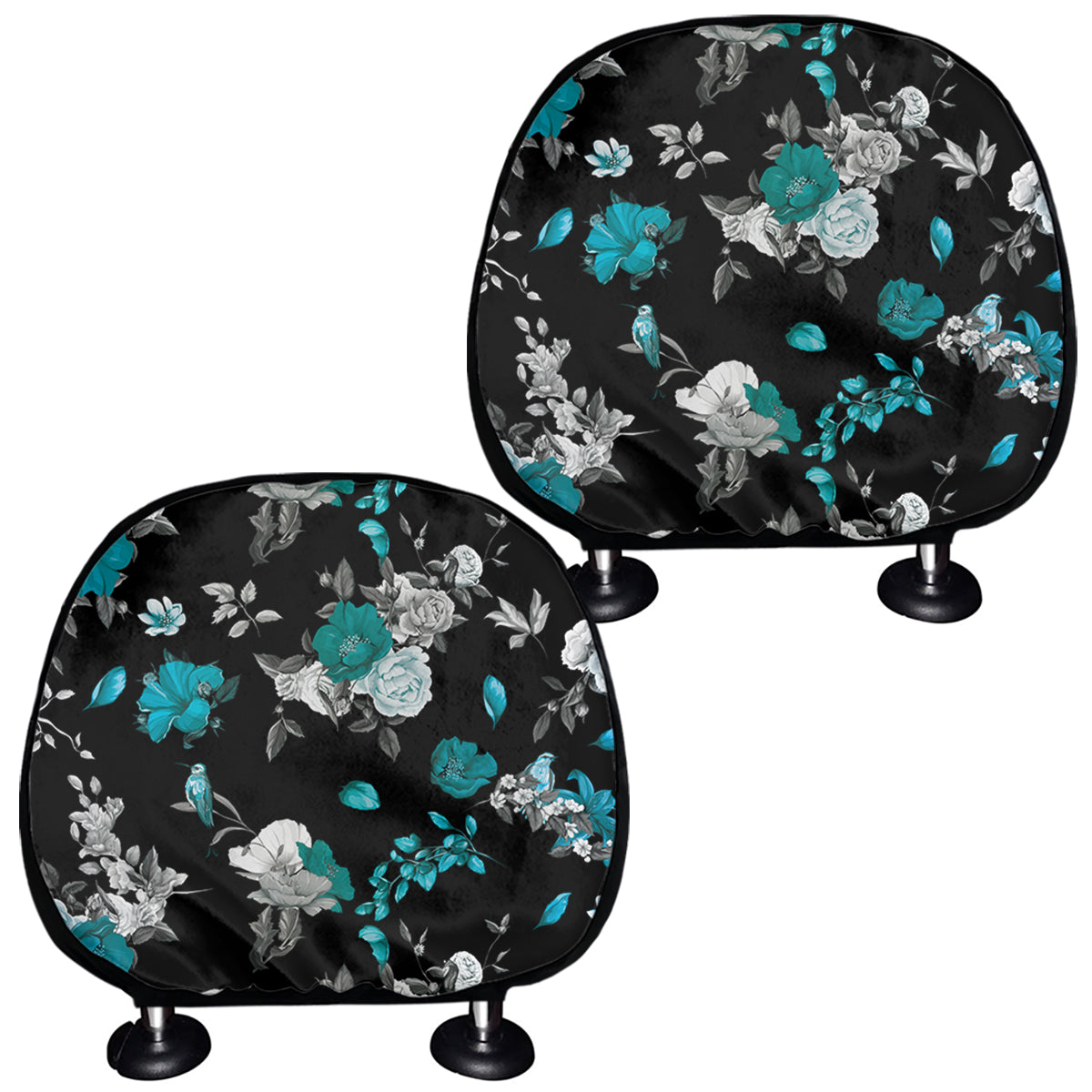Blue Peony And Grey Rose Floral Print Car Headrest Covers