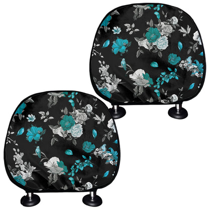 Blue Peony And Grey Rose Floral Print Car Headrest Covers