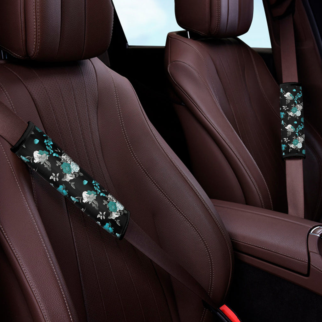 Blue Peony And Grey Rose Floral Print Car Seat Belt Covers