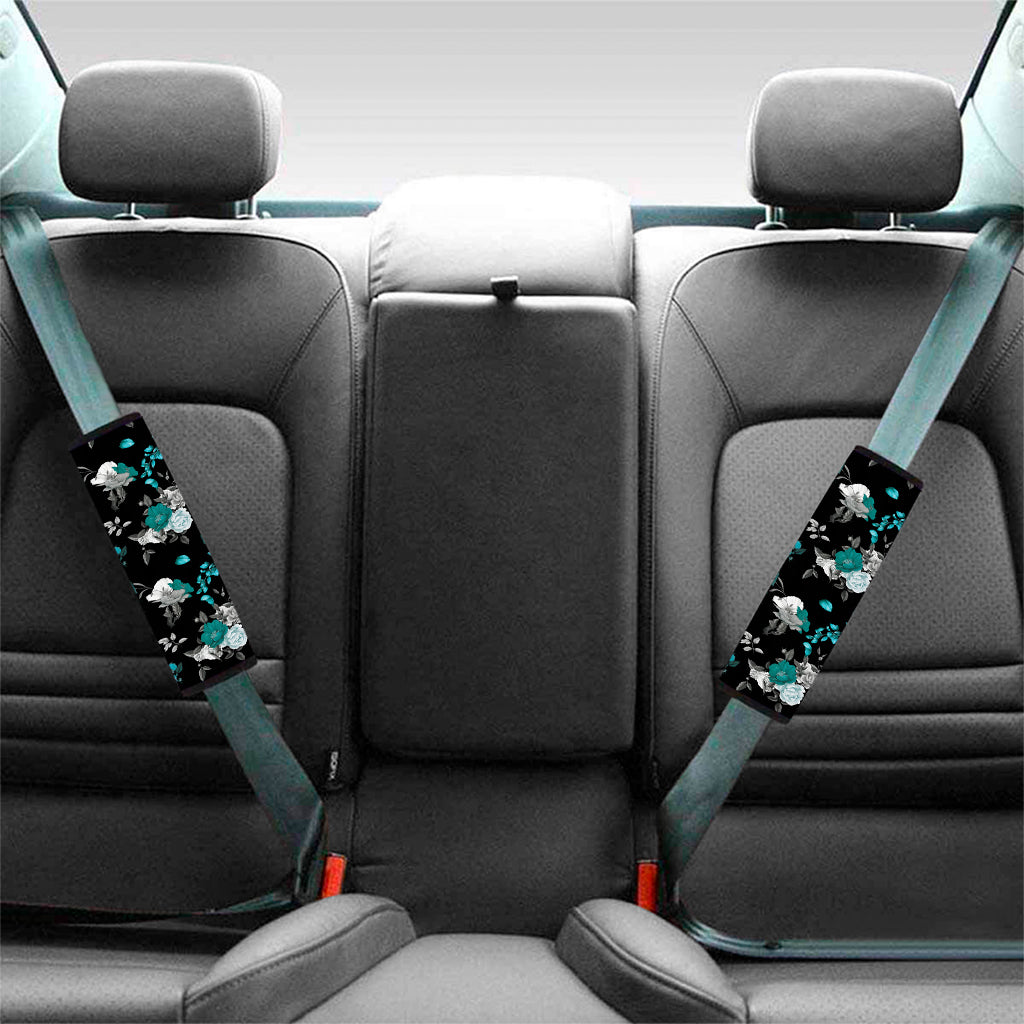 Blue Peony And Grey Rose Floral Print Car Seat Belt Covers