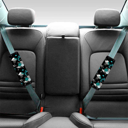 Blue Peony And Grey Rose Floral Print Car Seat Belt Covers