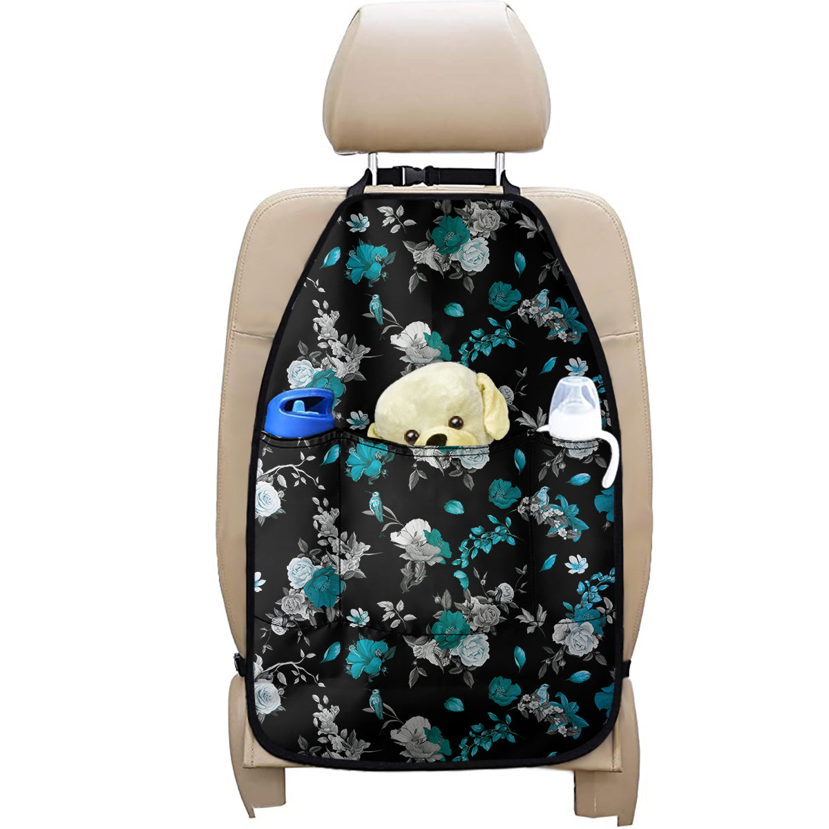 Blue Peony And Grey Rose Floral Print Car Seat Organizers