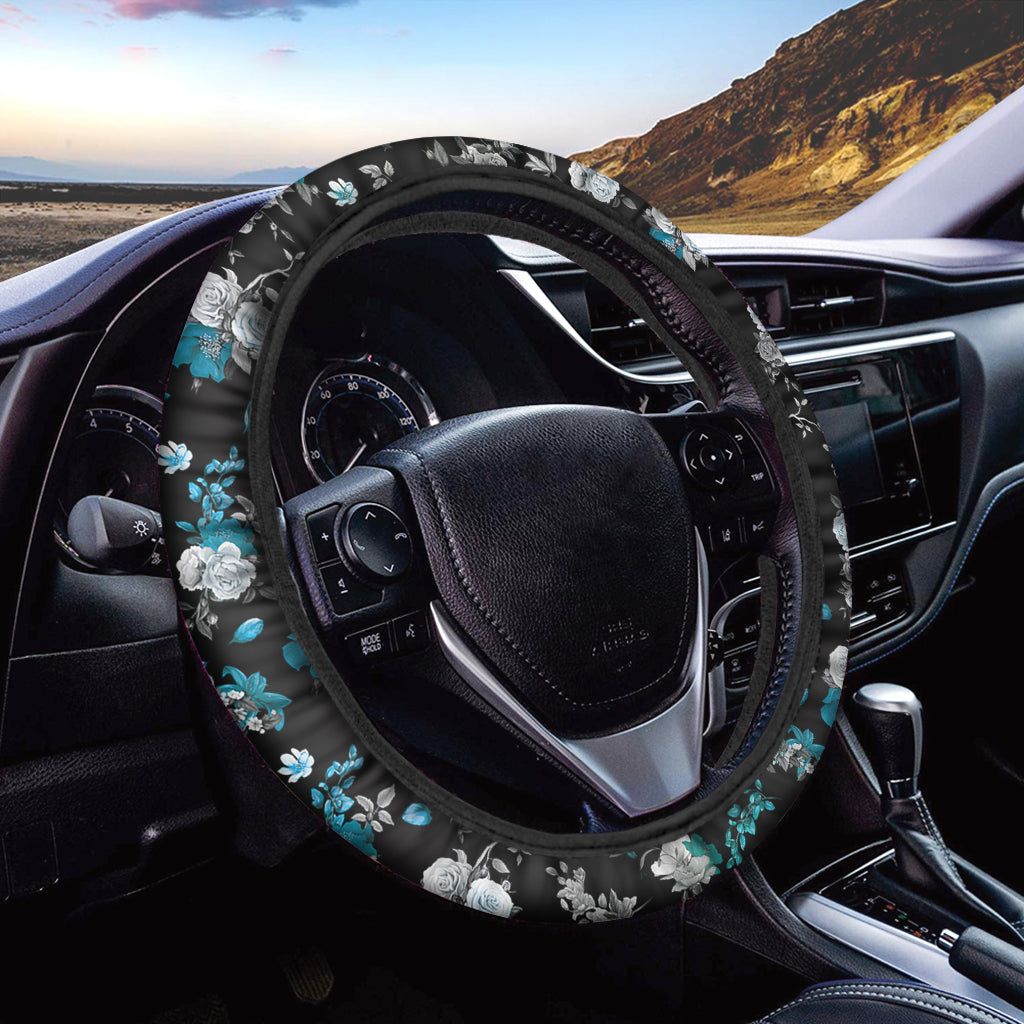 Blue Peony And Grey Rose Floral Print Car Steering Wheel Cover