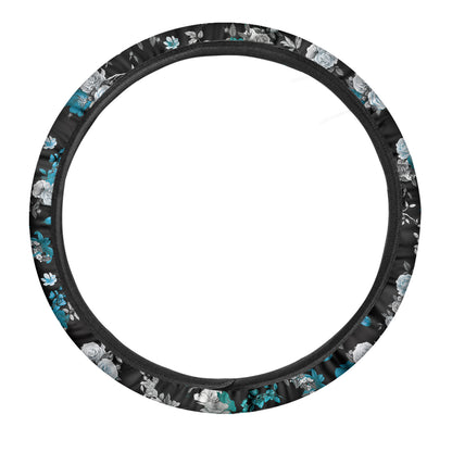 Blue Peony And Grey Rose Floral Print Car Steering Wheel Cover