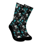 Blue Peony And Grey Rose Floral Print Crew Socks