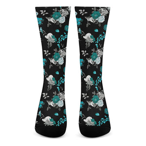 Blue Peony And Grey Rose Floral Print Crew Socks