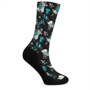 Blue Peony And Grey Rose Floral Print Crew Socks