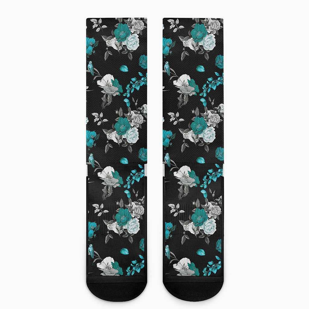 Blue Peony And Grey Rose Floral Print Crew Socks