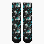 Blue Peony And Grey Rose Floral Print Crew Socks