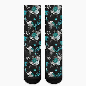 Blue Peony And Grey Rose Floral Print Crew Socks