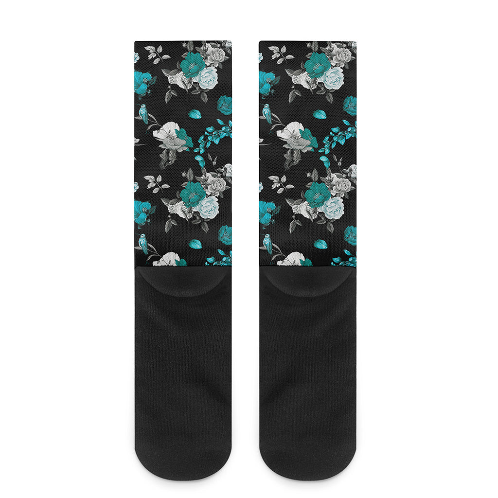 Blue Peony And Grey Rose Floral Print Crew Socks